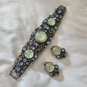Vintage Large Selro Green Cabochon Gilt Veining & Rhinestone Bracelet & Earrings